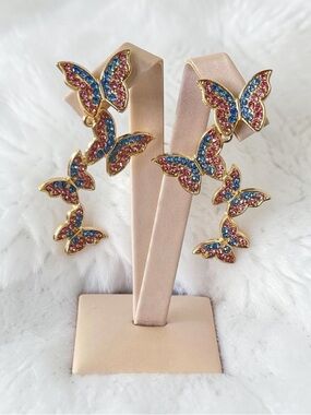 Colorful Butterfly Dangle Earrings Gold Tone Pink Blue Rhinestone Statement Drop